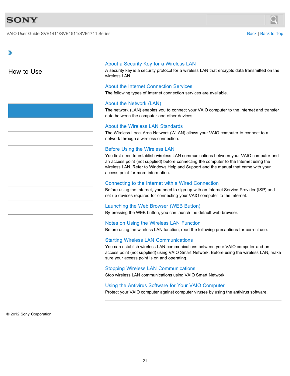 Internet, How to use | Sony SVE141190X User Manual | Page 21 / 367