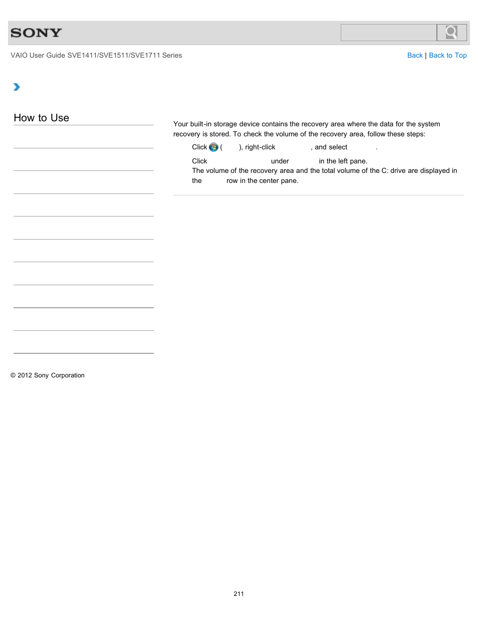 Checking the volume of the recovery area, How to use | Sony SVE141190X User Manual | Page 211 / 367