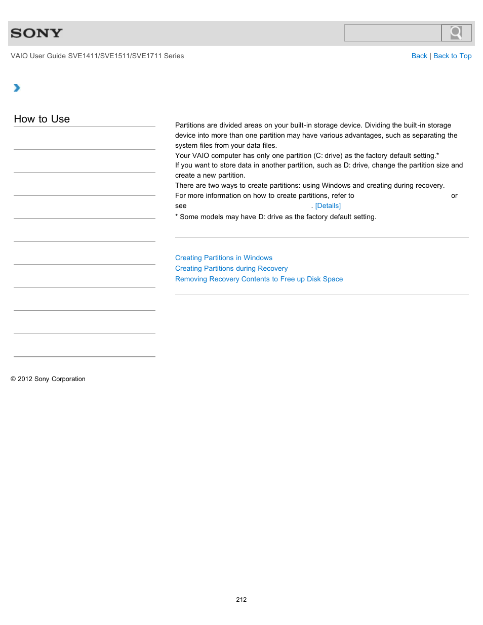 Creating other drives (modifying partitions), How to use | Sony SVE141190X User Manual | Page 212 / 367