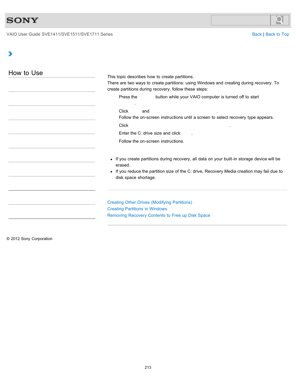 Creating partitions during recovery, Details, How to use | Sony SVE141190X User Manual | Page 213 / 367