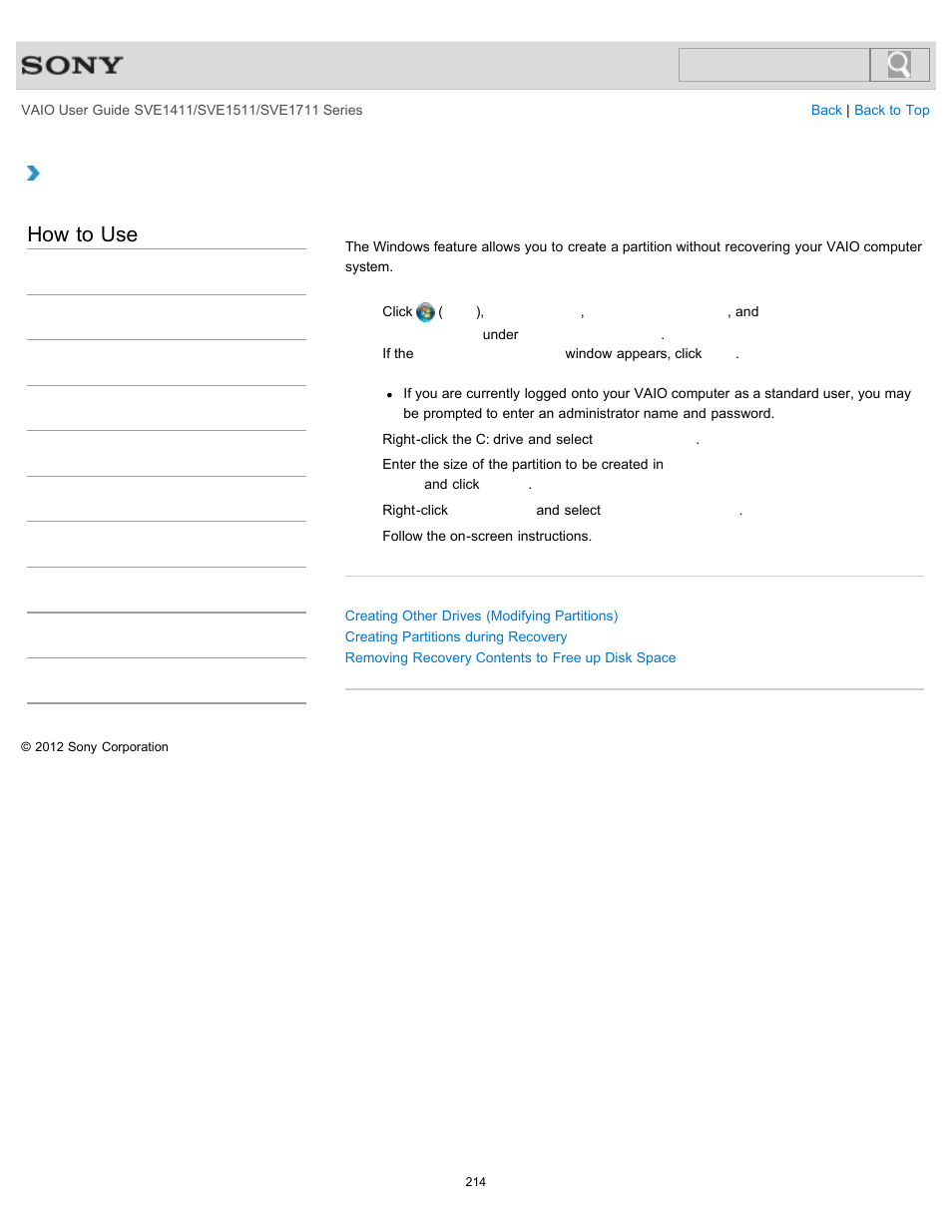 Creating partitions in windows, How to use | Sony SVE141190X User Manual | Page 214 / 367