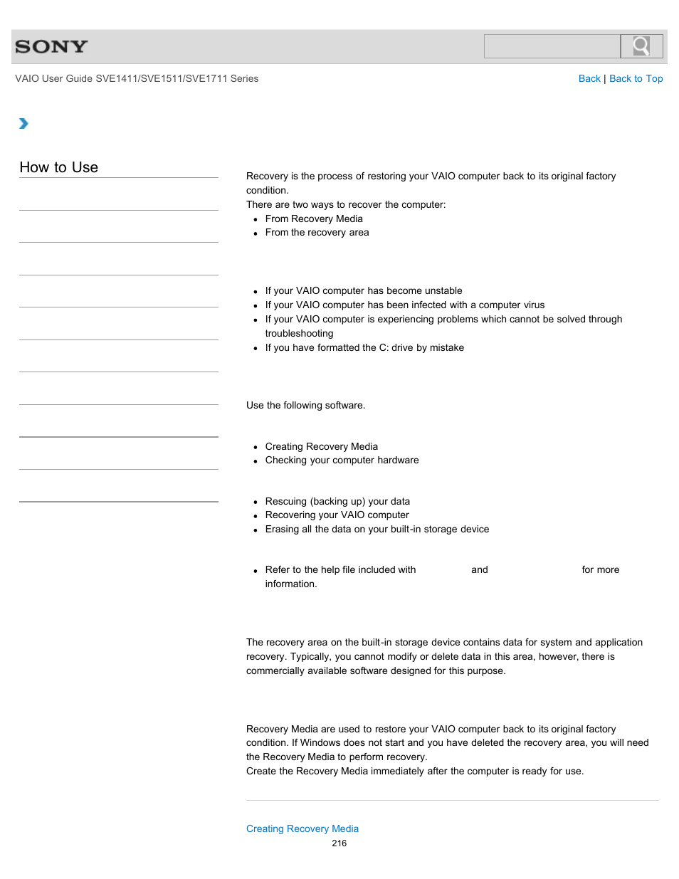 About recovery, How to use | Sony SVE141190X User Manual | Page 216 / 367