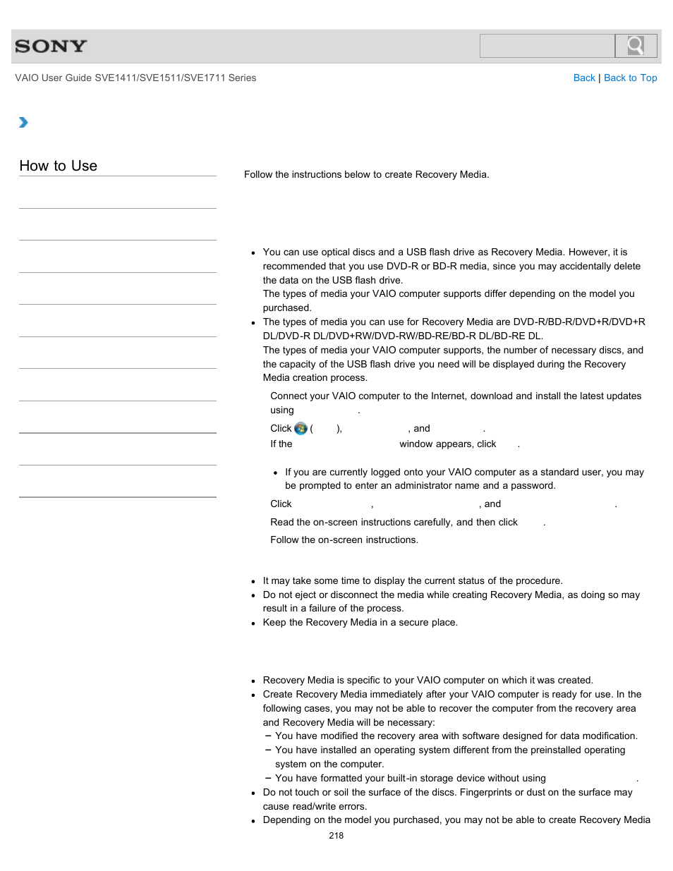 Creating recovery media, Details, How to use | Sony SVE141190X User Manual | Page 218 / 367