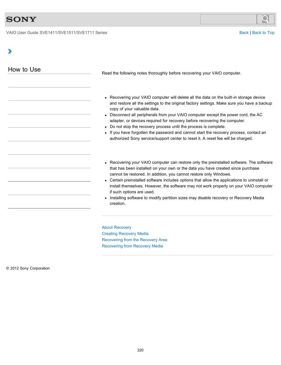 Notes on recovery, How to use | Sony SVE141190X User Manual | Page 220 / 367