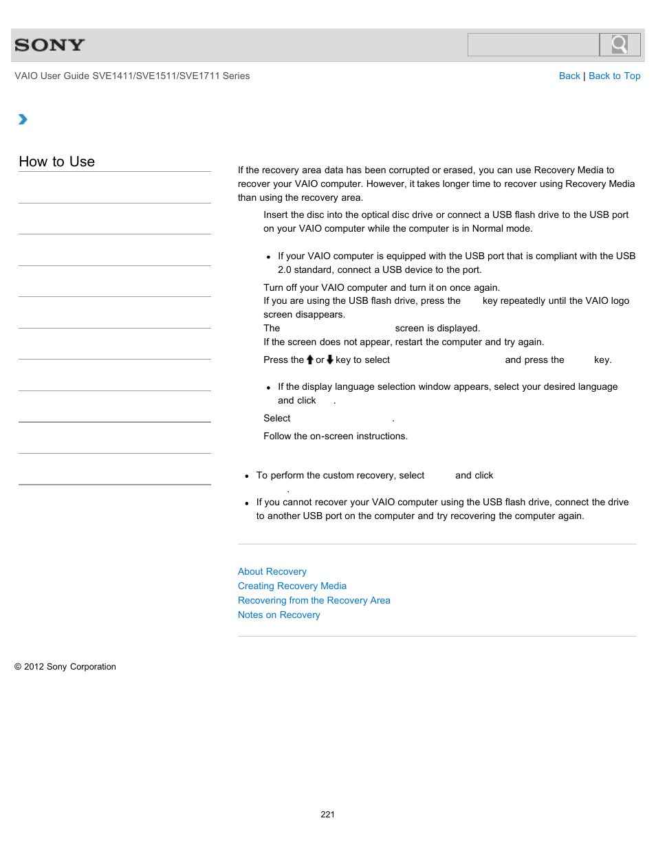 Recovering from recovery media, How to use | Sony SVE141190X User Manual | Page 221 / 367