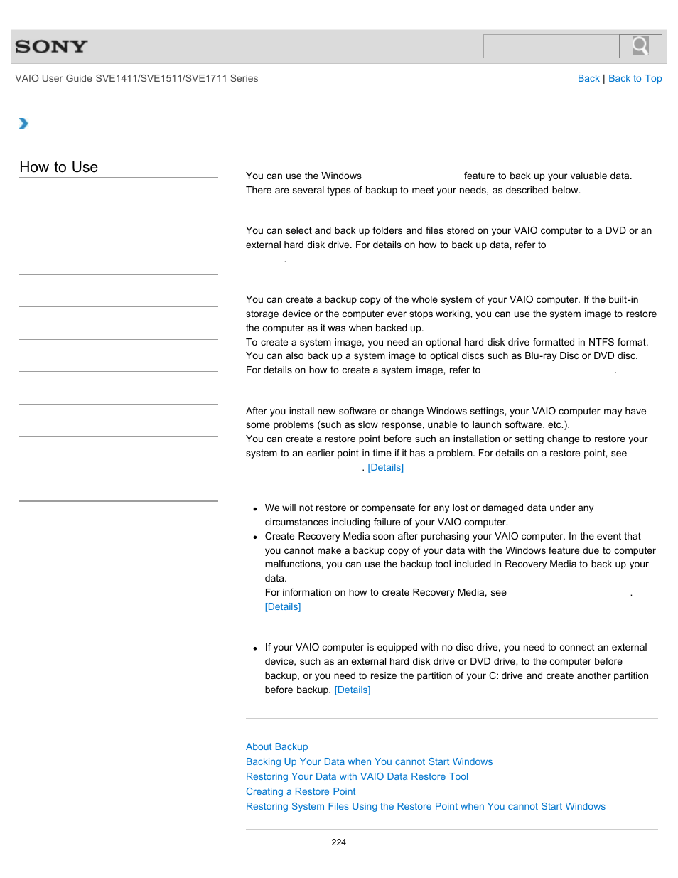 About types of backup, How to use | Sony SVE141190X User Manual | Page 224 / 367