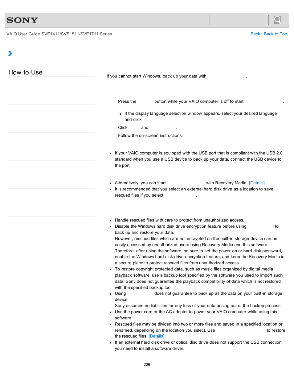 Backing up your data when you cannot start windows, How to use | Sony SVE141190X User Manual | Page 226 / 367