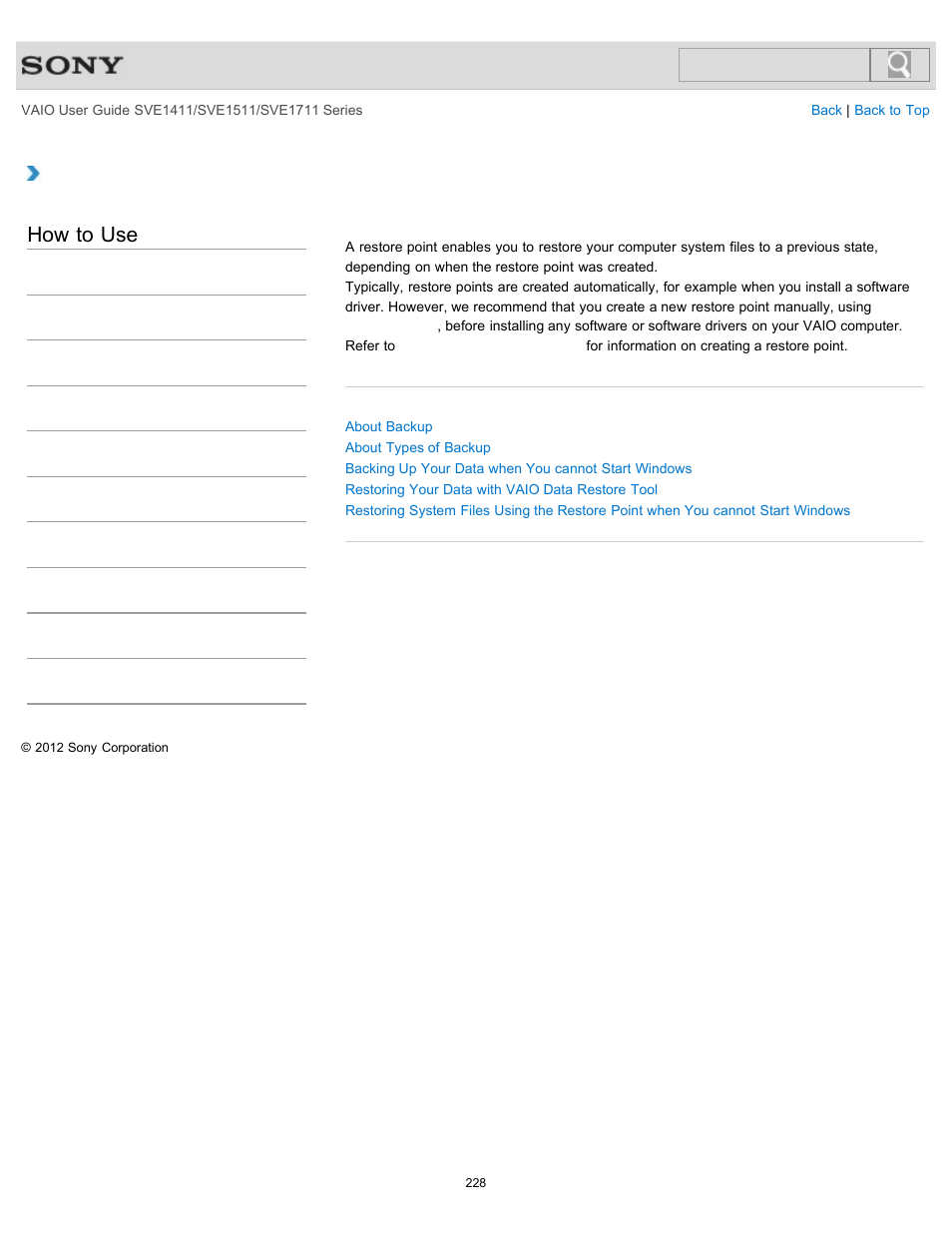 Creating a restore point, Details, How to use | Sony SVE141190X User Manual | Page 228 / 367