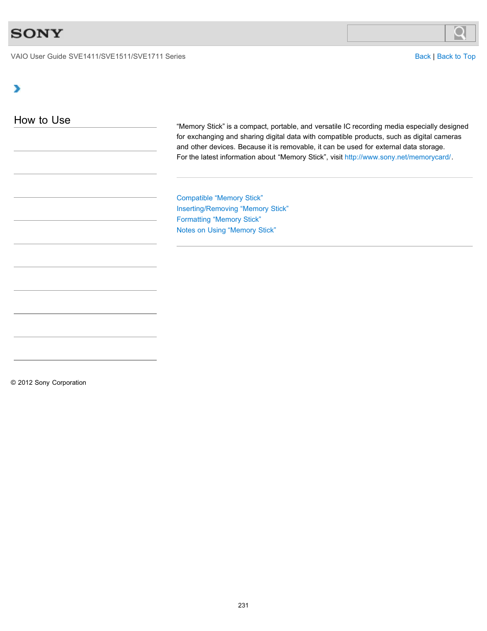 About “memory stick, How to use | Sony SVE141190X User Manual | Page 231 / 367