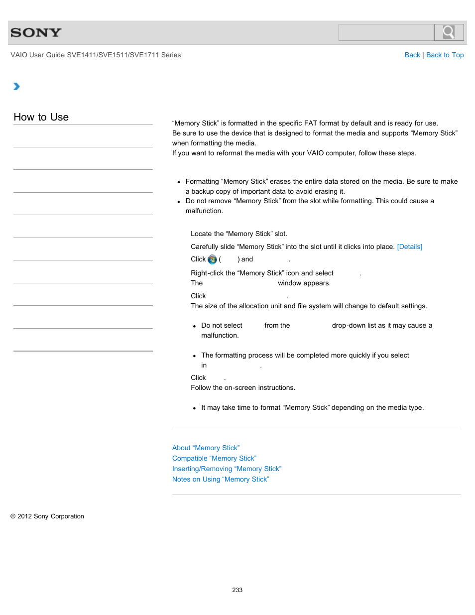 Formatting “memory stick, How to use | Sony SVE141190X User Manual | Page 233 / 367