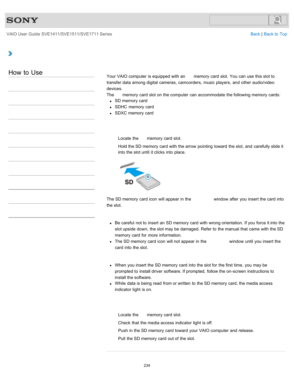 Inserting/removing sd memory cards, Details, How to use | Sony SVE141190X User Manual | Page 234 / 367