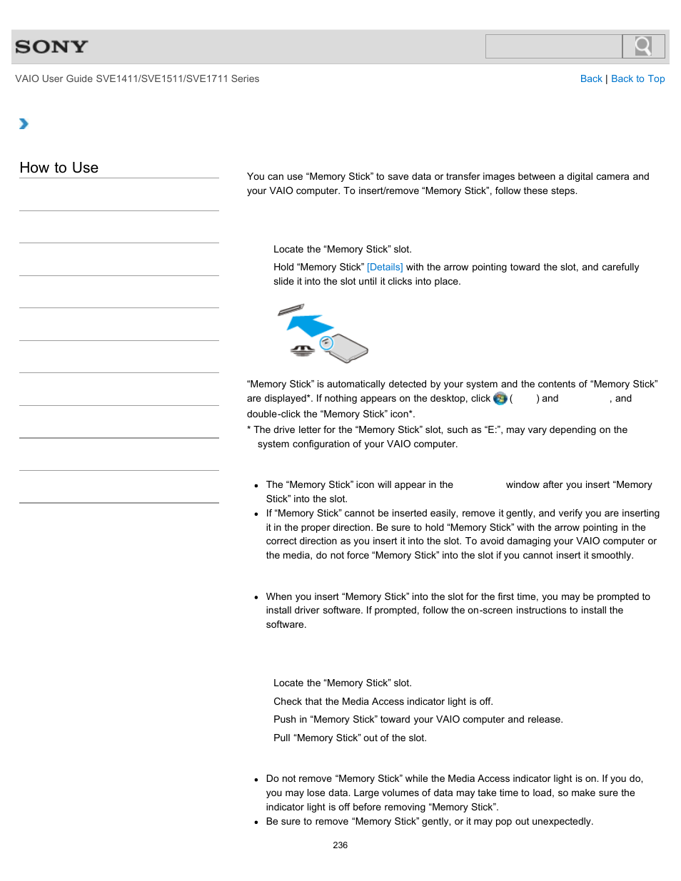 Inserting/removing “memory stick, Details, How to use | Sony SVE141190X User Manual | Page 236 / 367