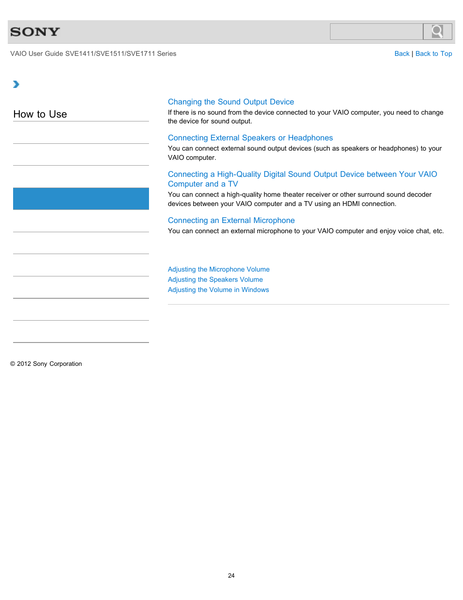 Audio, How to use | Sony SVE141190X User Manual | Page 24 / 367