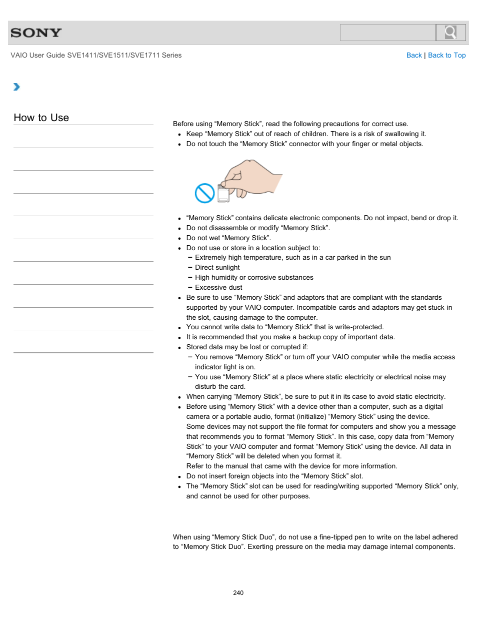 Notes on using “memory stick, How to use | Sony SVE141190X User Manual | Page 240 / 367