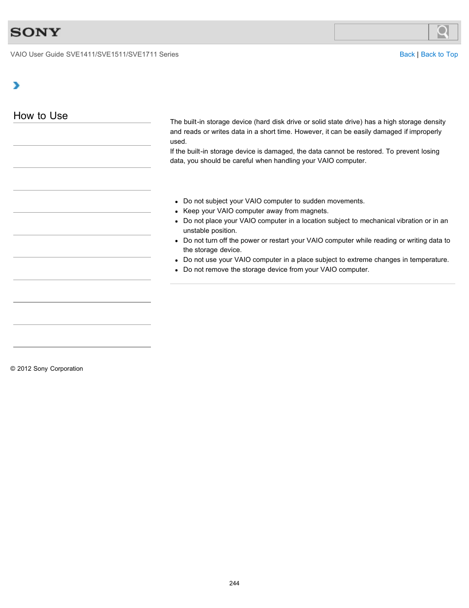 Handling the built-in storage device, How to use | Sony SVE141190X User Manual | Page 244 / 367