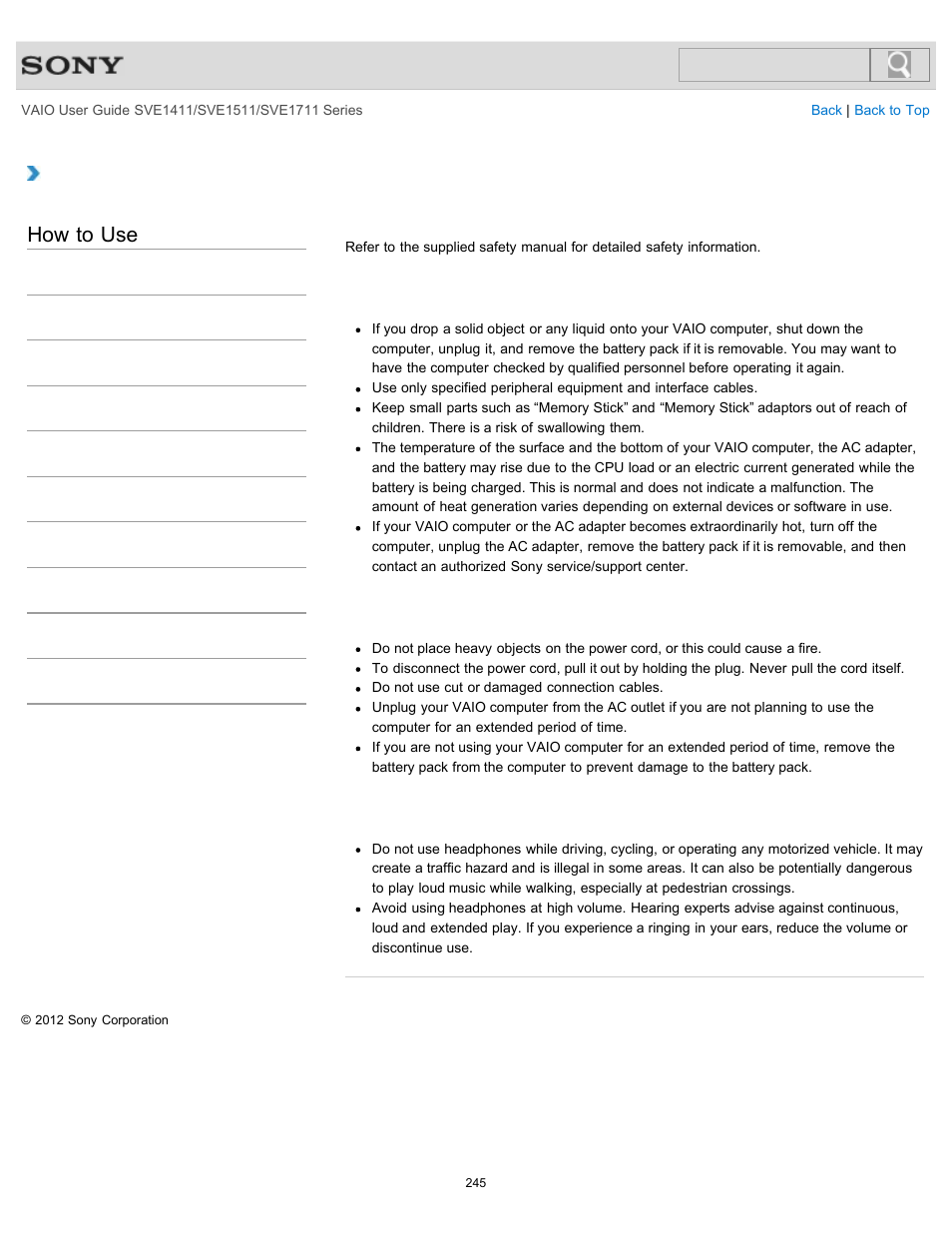 Safety information, How to use | Sony SVE141190X User Manual | Page 245 / 367