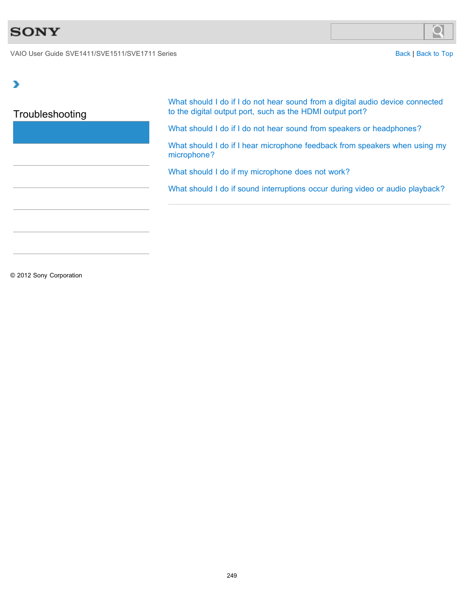 Audio, Troubleshooting | Sony SVE141190X User Manual | Page 249 / 367