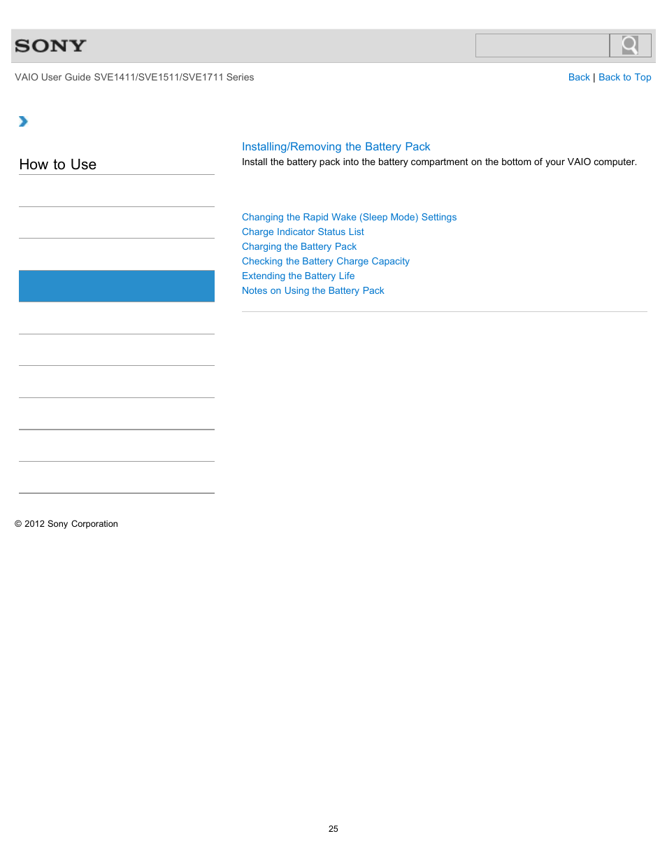 Battery, How to use | Sony SVE141190X User Manual | Page 25 / 367