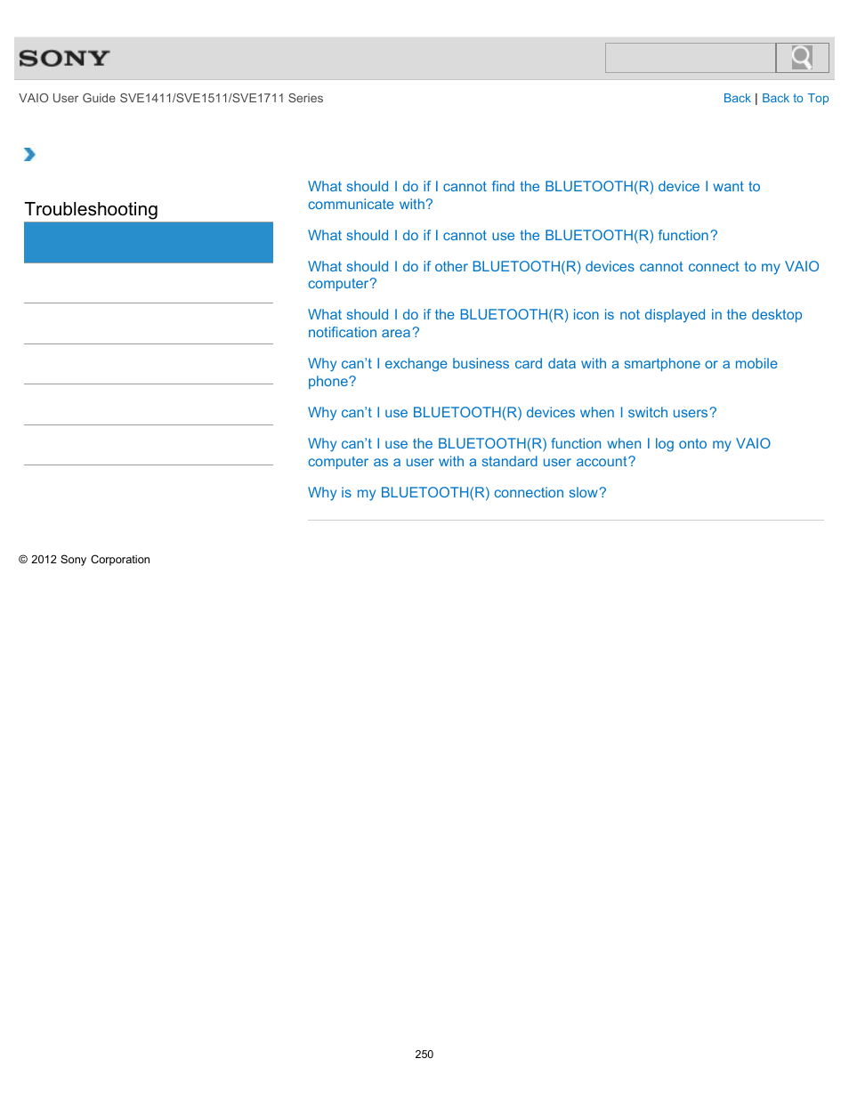 Bluetooth, Troubleshooting | Sony SVE141190X User Manual | Page 250 / 367