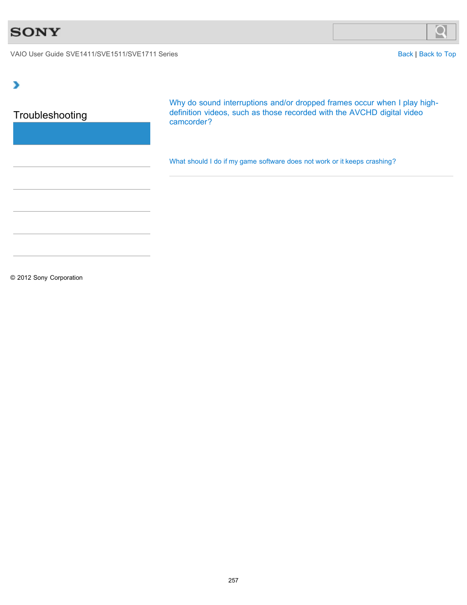 Software, Troubleshooting | Sony SVE141190X User Manual | Page 257 / 367