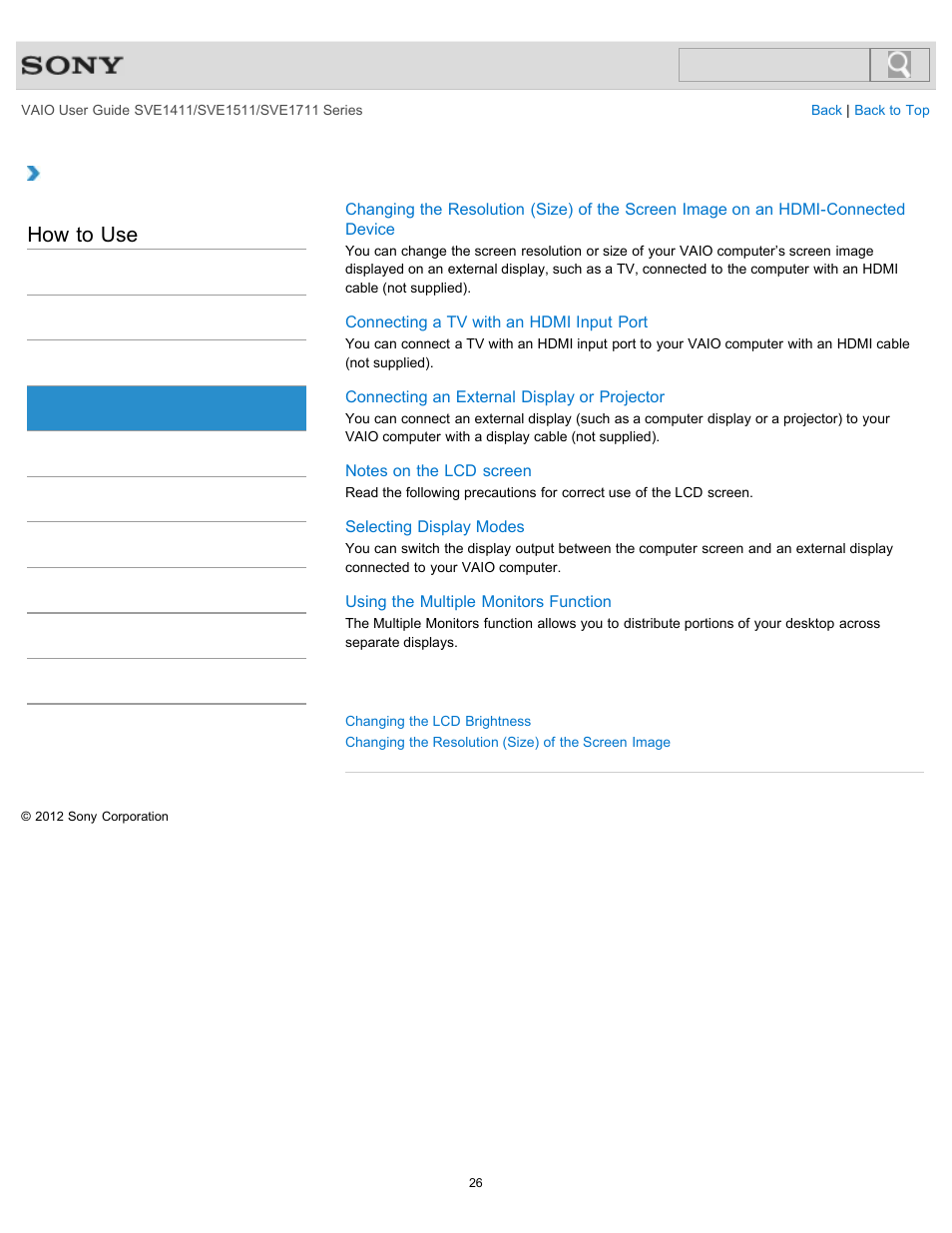 Display, How to use | Sony SVE141190X User Manual | Page 26 / 367