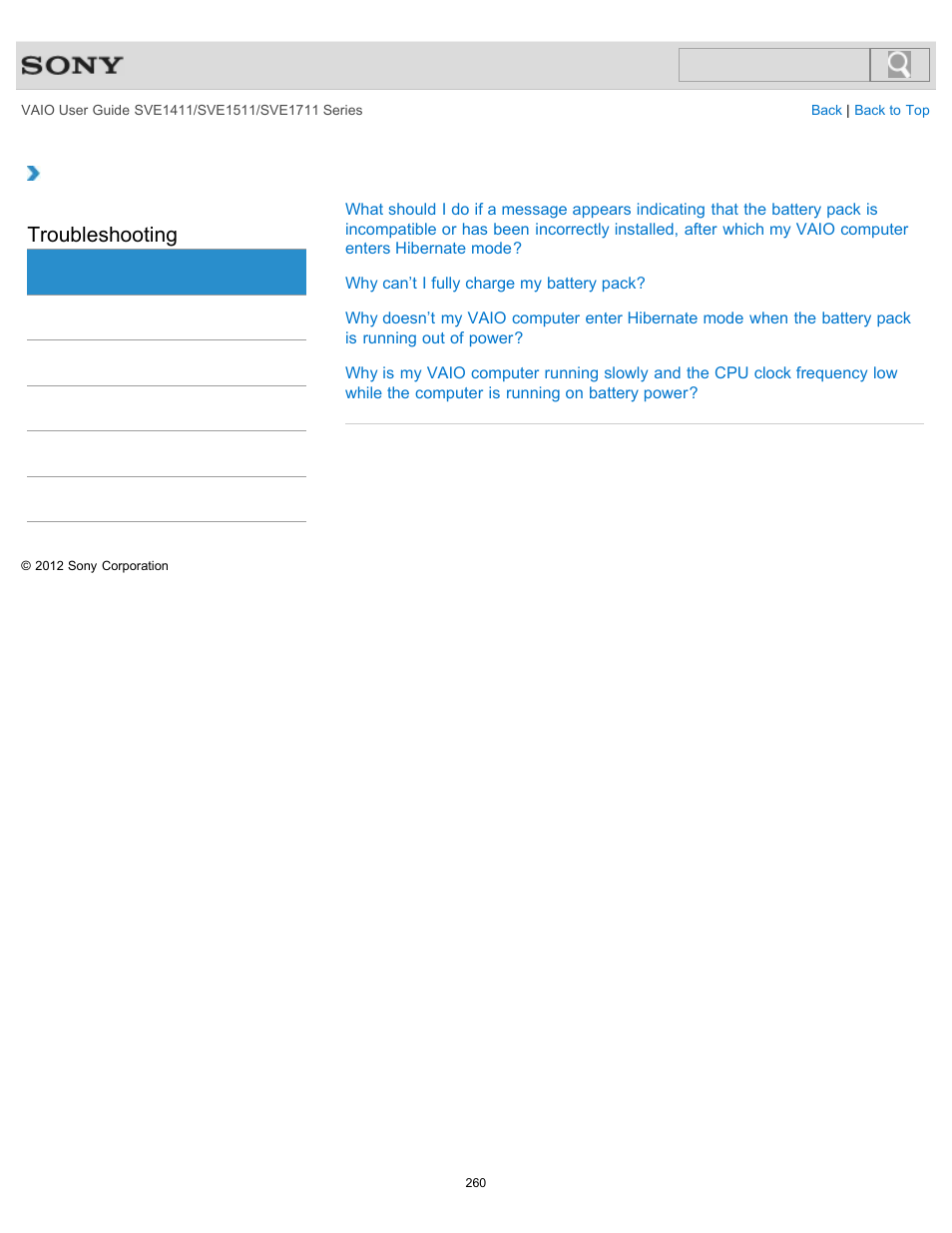 Battery, Troubleshooting | Sony SVE141190X User Manual | Page 260 / 367