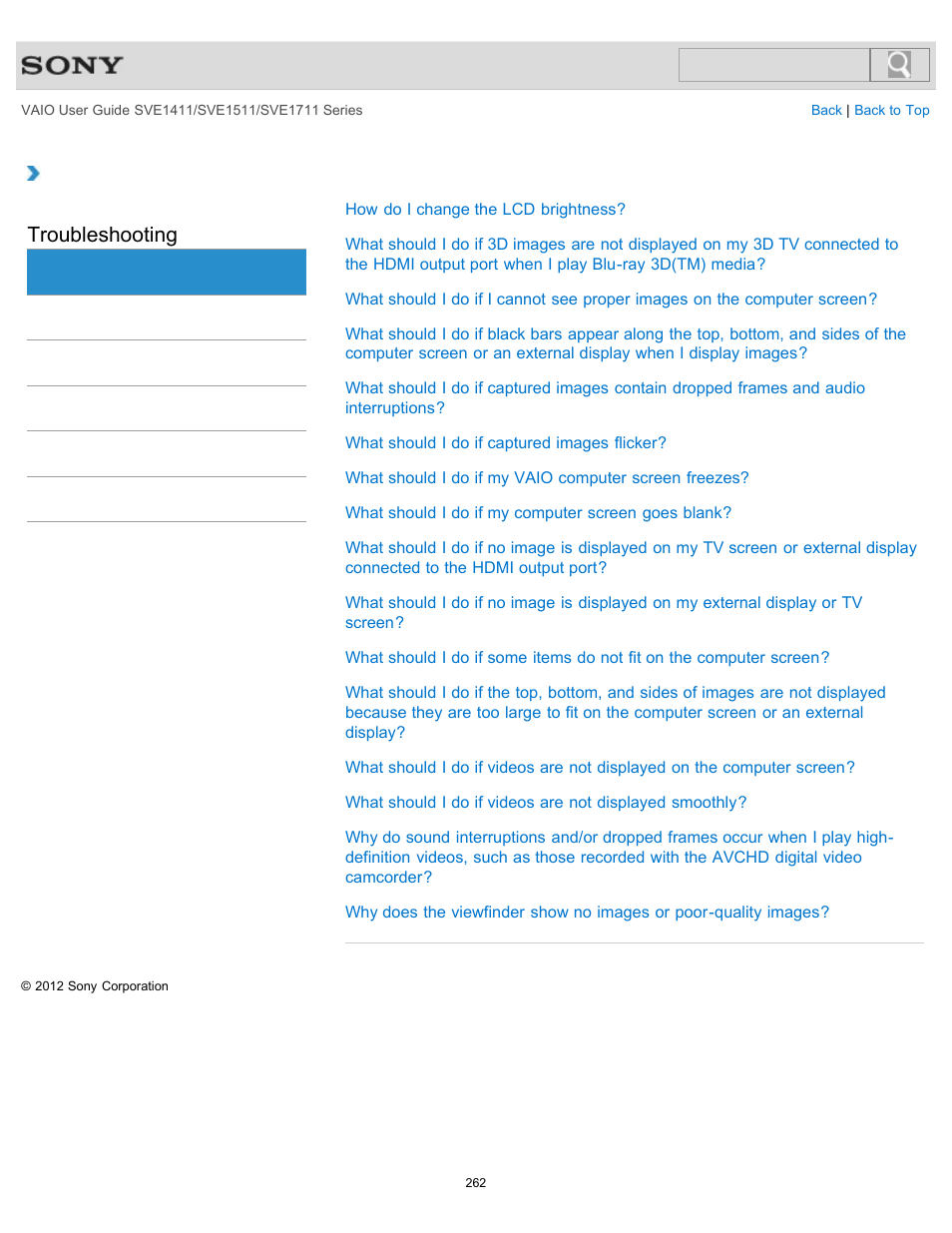 Display, Troubleshooting | Sony SVE141190X User Manual | Page 262 / 367