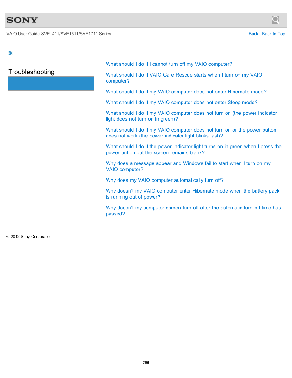 Power, Troubleshooting | Sony SVE141190X User Manual | Page 266 / 367