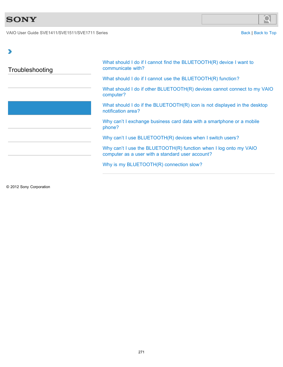 Bluetooth, Troubleshooting | Sony SVE141190X User Manual | Page 271 / 367