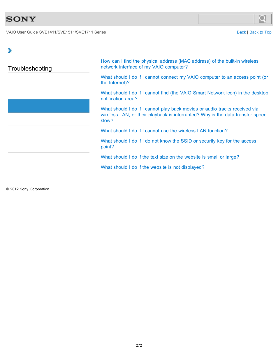 Wireless lan, Troubleshooting | Sony SVE141190X User Manual | Page 272 / 367