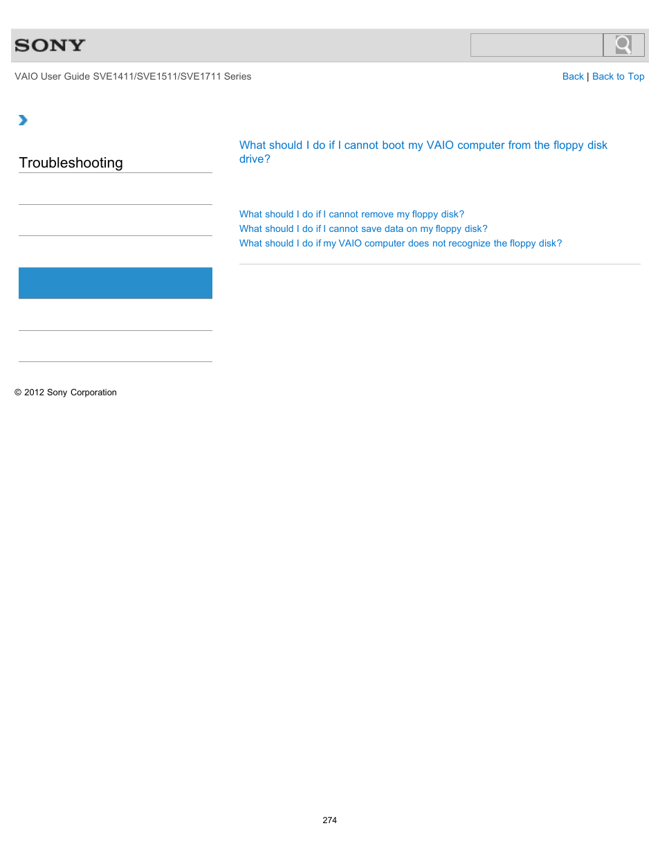 Floppy disk, Troubleshooting | Sony SVE141190X User Manual | Page 274 / 367