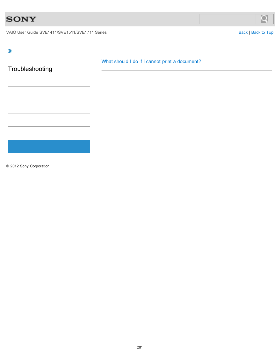 Printer, Troubleshooting | Sony SVE141190X User Manual | Page 281 / 367