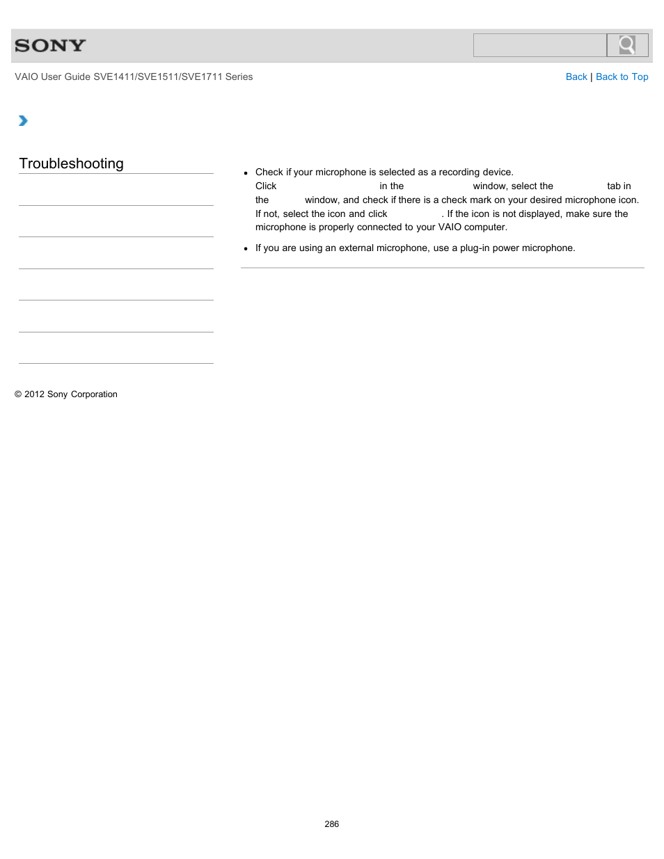 What should i do if my microphone does not work, Troubleshooting | Sony SVE141190X User Manual | Page 286 / 367