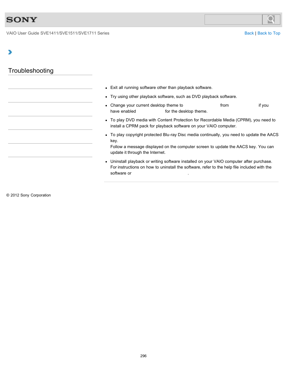 Interruptions occur during playback, Troubleshooting | Sony SVE141190X User Manual | Page 296 / 367