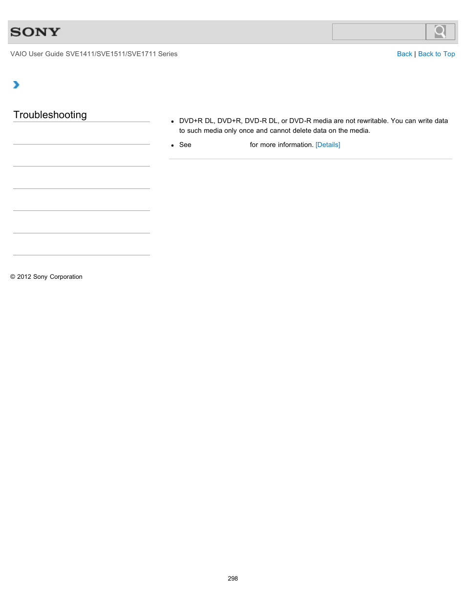 Why can’t i write data to a disc, Troubleshooting | Sony SVE141190X User Manual | Page 298 / 367