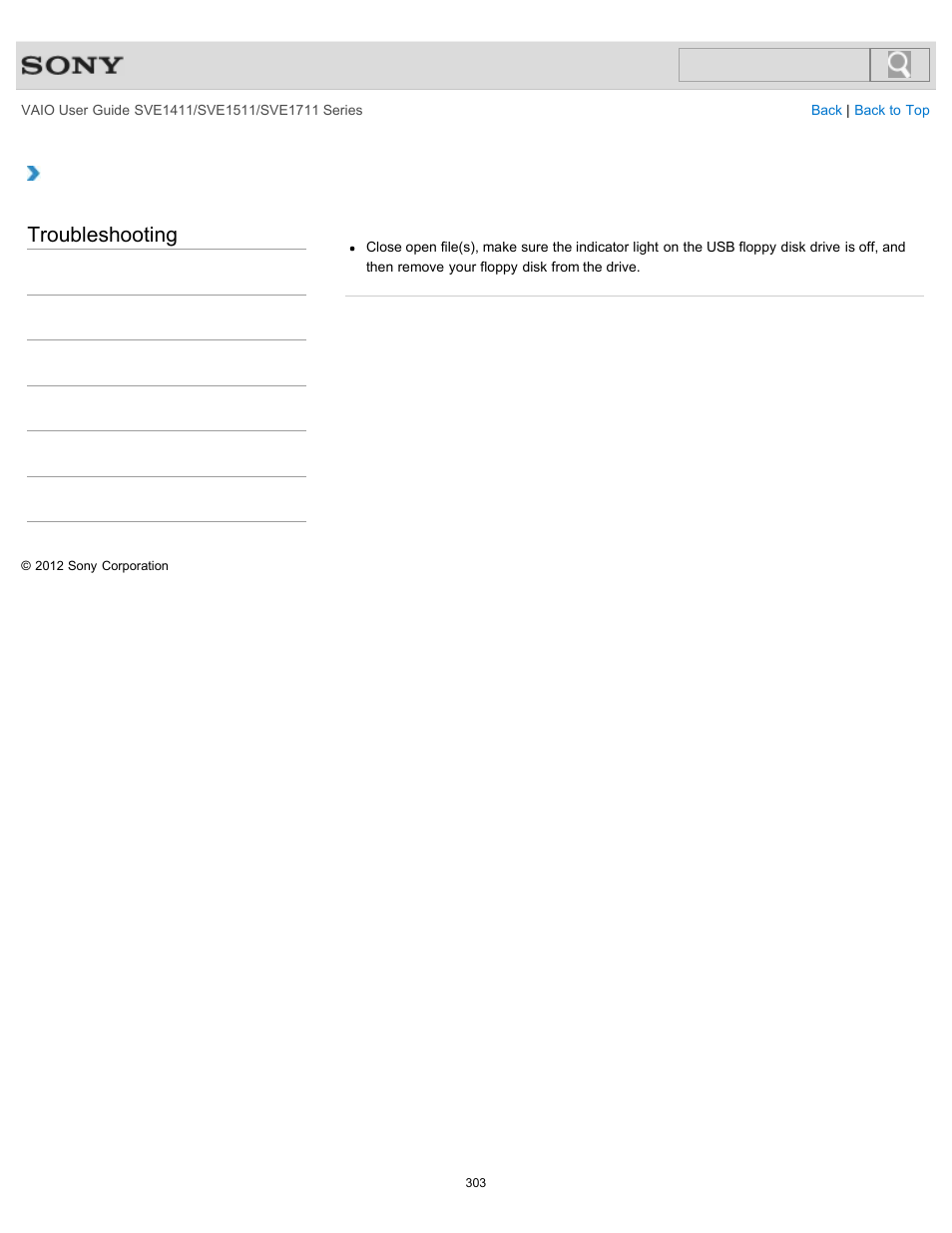 What should i do if i cannot remove my floppy disk, Troubleshooting | Sony SVE141190X User Manual | Page 303 / 367