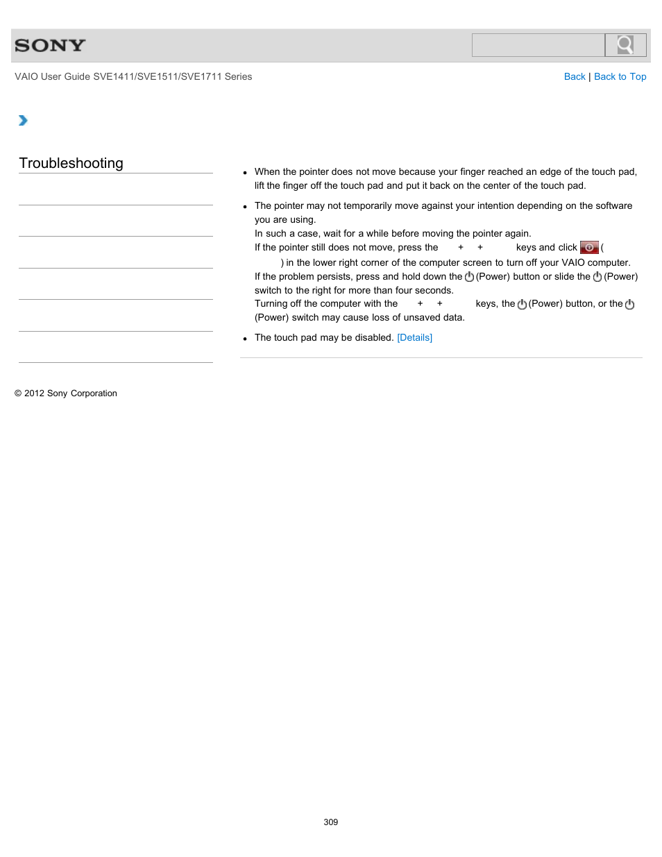 What should i do if the pointer does not move, Troubleshooting | Sony SVE141190X User Manual | Page 309 / 367