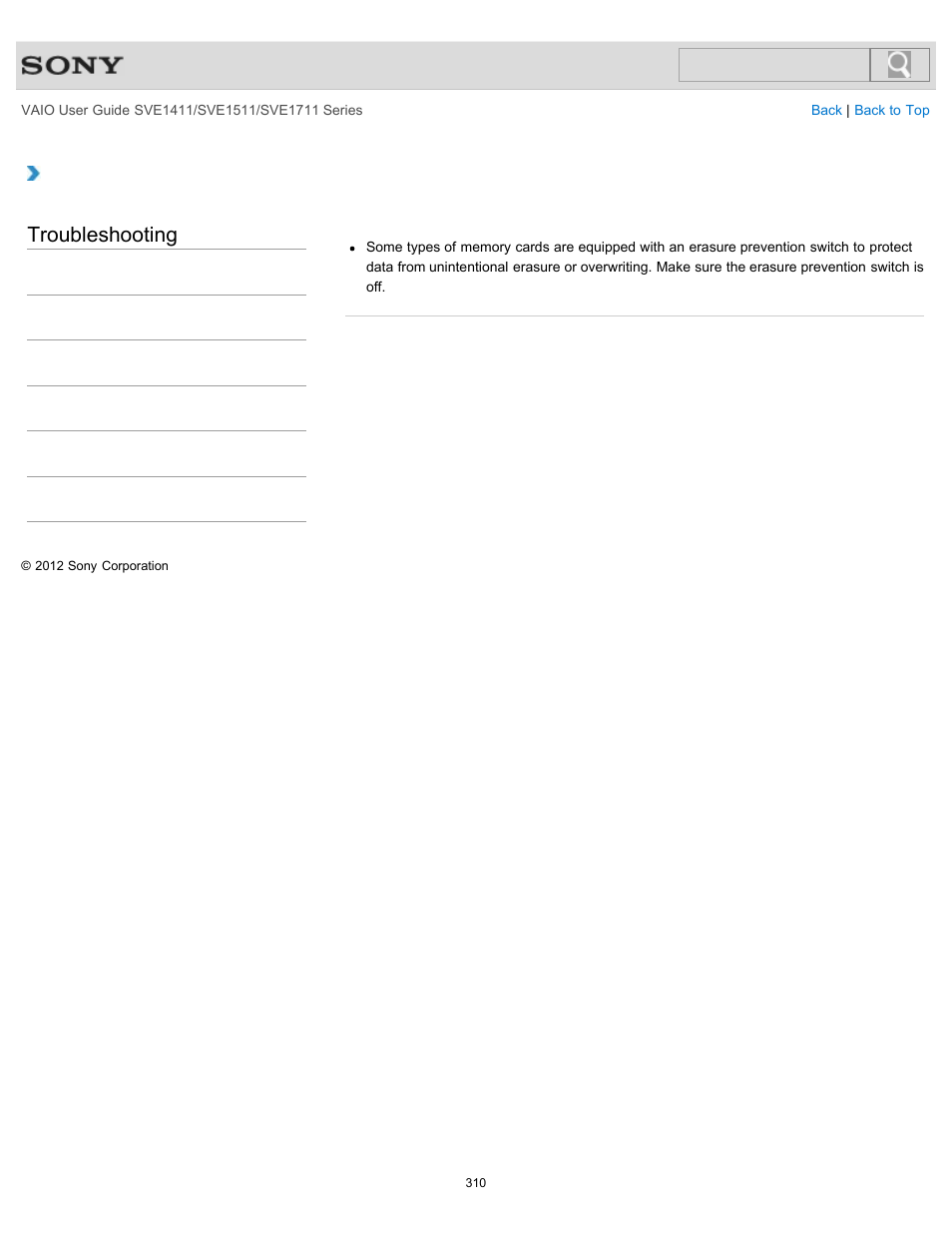 Why can’t i write data to a memory card, Troubleshooting | Sony SVE141190X User Manual | Page 310 / 367