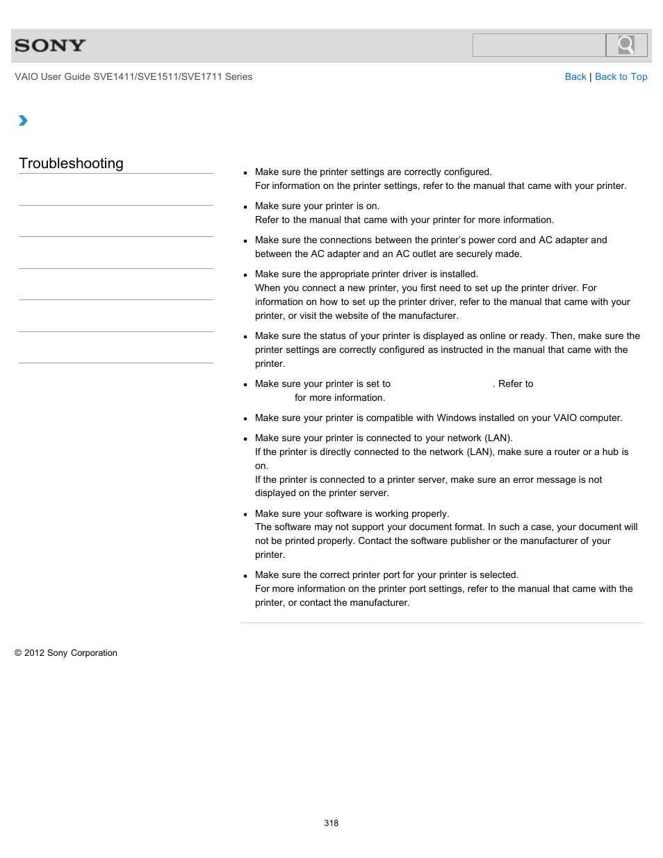 What should i do if i cannot print a document, Troubleshooting | Sony SVE141190X User Manual | Page 318 / 367