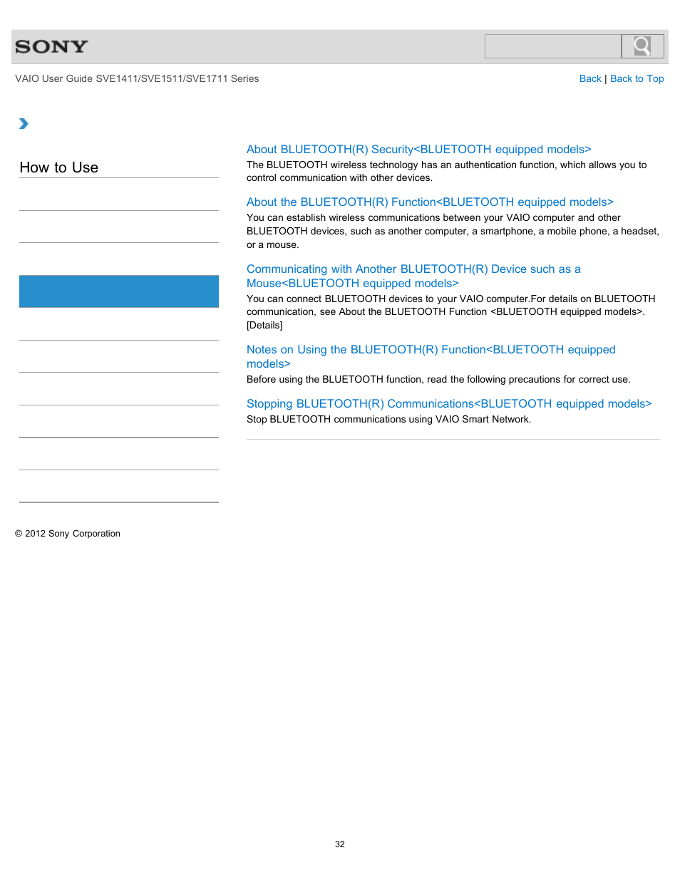 Bluetooth, How to use | Sony SVE141190X User Manual | Page 32 / 367