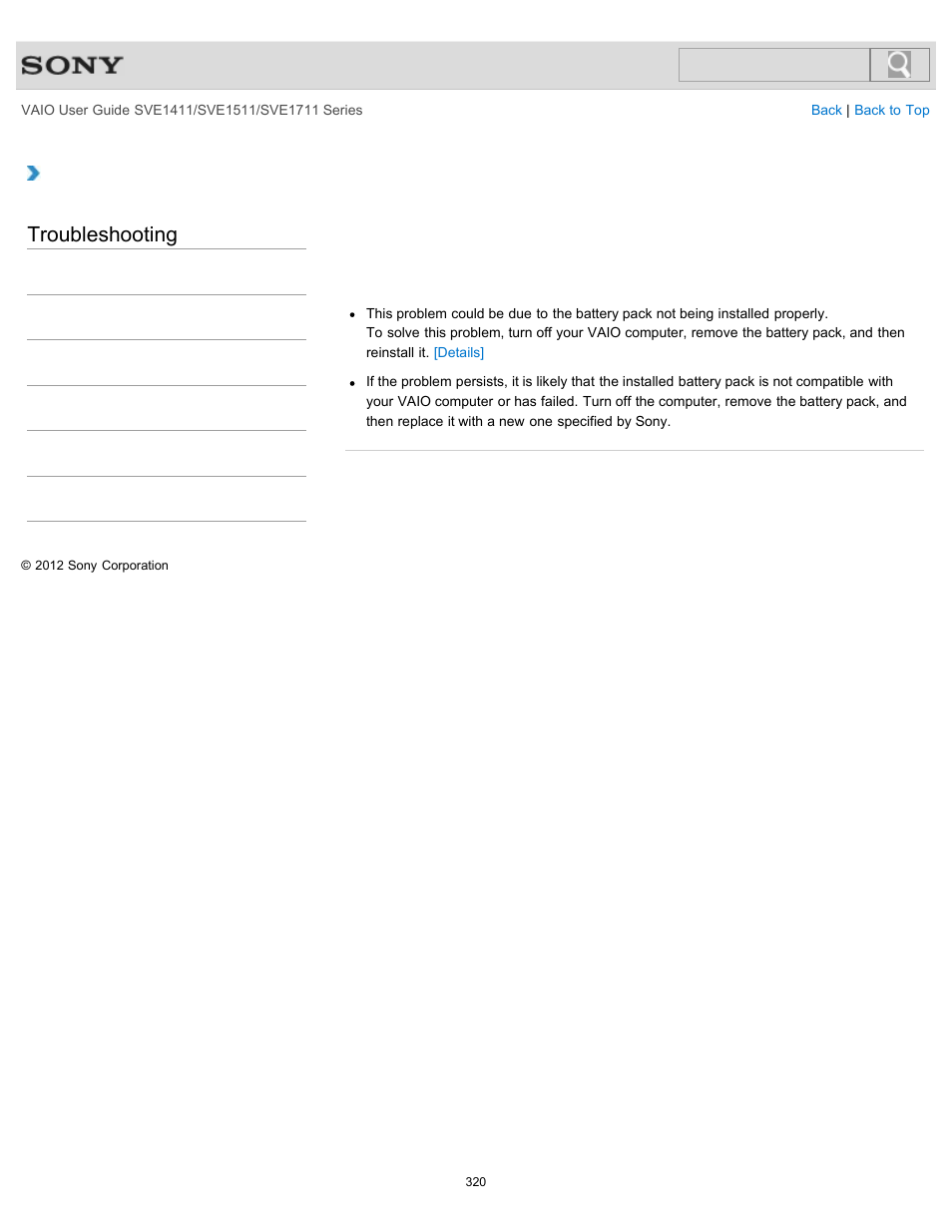 Enters hibernate mode, Troubleshooting | Sony SVE141190X User Manual | Page 320 / 367