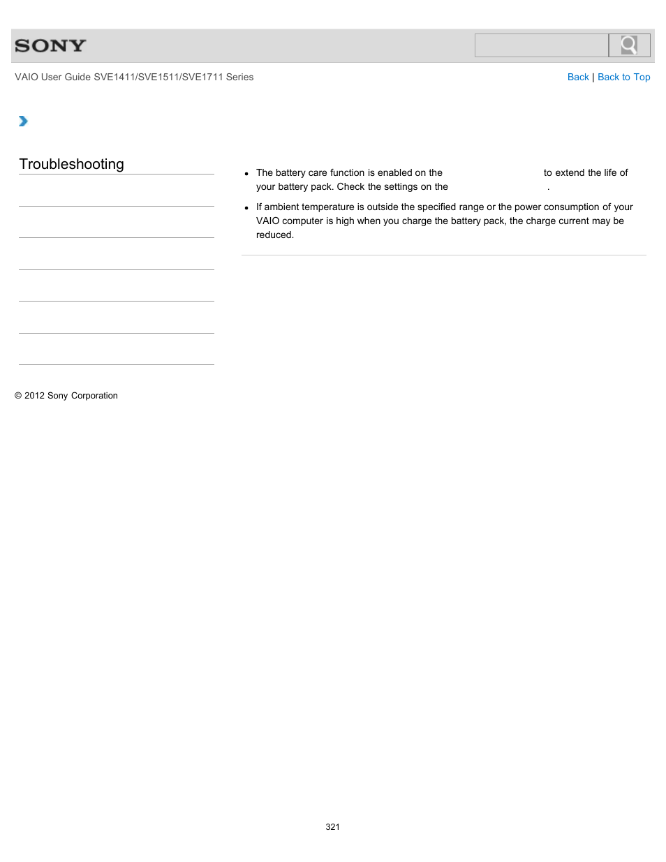 Why can’t i fully charge my battery pack, Troubleshooting | Sony SVE141190X User Manual | Page 321 / 367