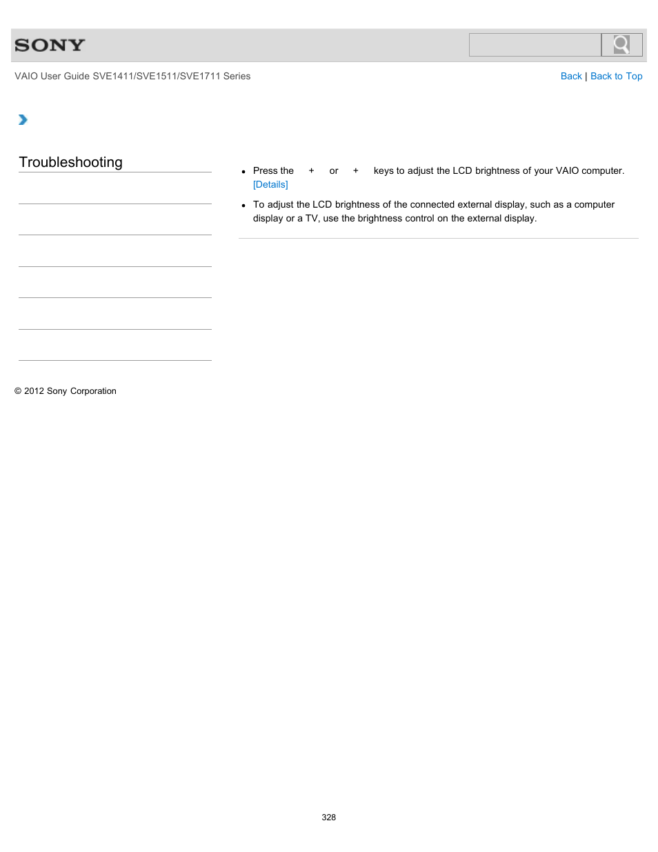 How do i change the lcd brightness, Troubleshooting | Sony SVE141190X User Manual | Page 328 / 367