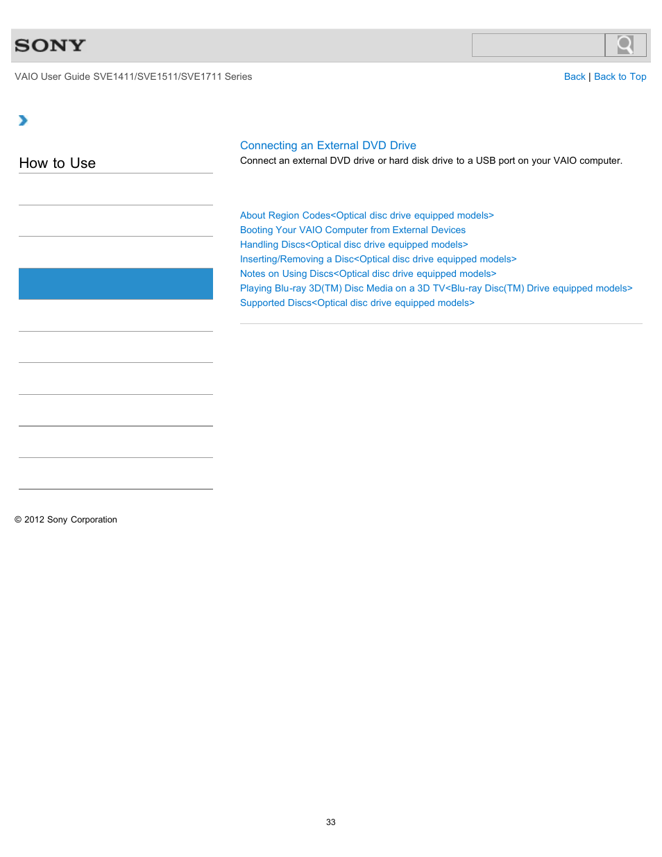 Cd/dvd/bd, How to use | Sony SVE141190X User Manual | Page 33 / 367