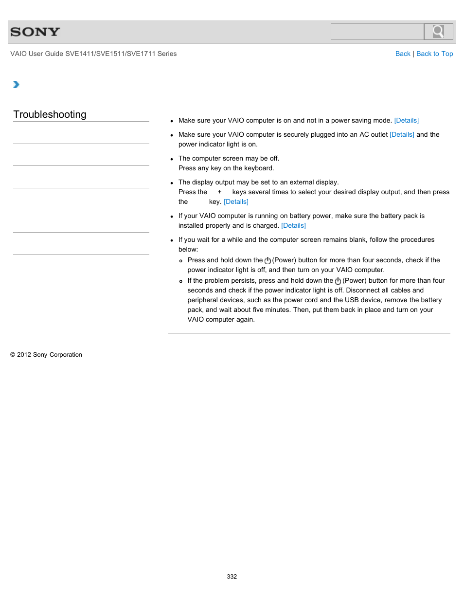 What should i do if my computer screen goes blank, Troubleshooting | Sony SVE141190X User Manual | Page 332 / 367