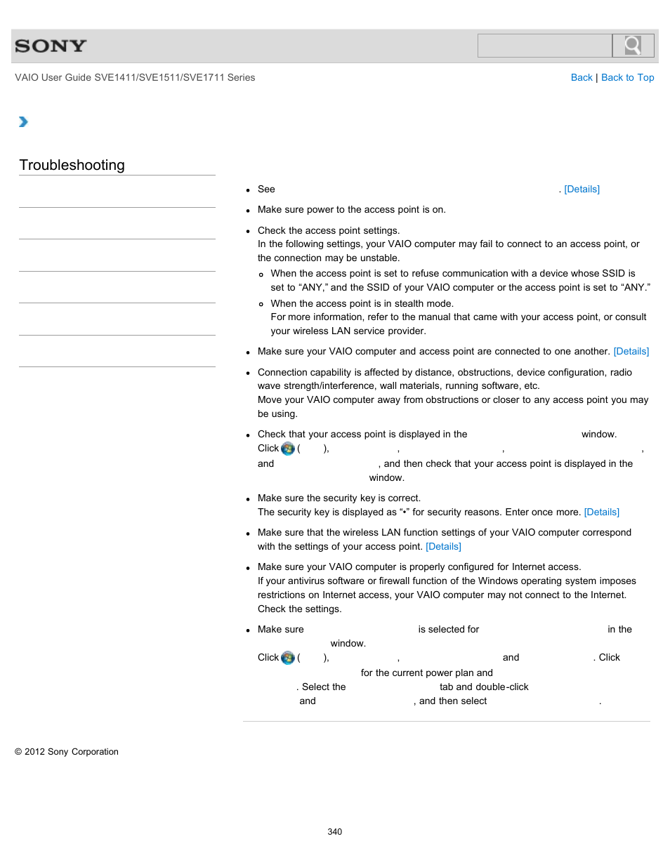 The internet), Troubleshooting | Sony SVE141190X User Manual | Page 340 / 367