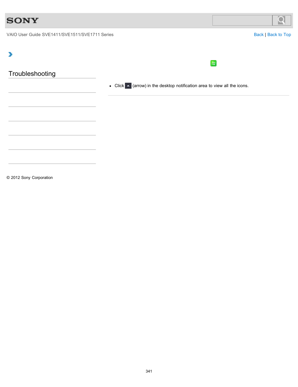 Notification area, Troubleshooting | Sony SVE141190X User Manual | Page 341 / 367