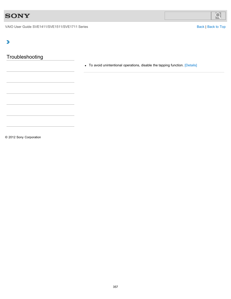 Light touch on the touch pad, Troubleshooting | Sony SVE141190X User Manual | Page 357 / 367