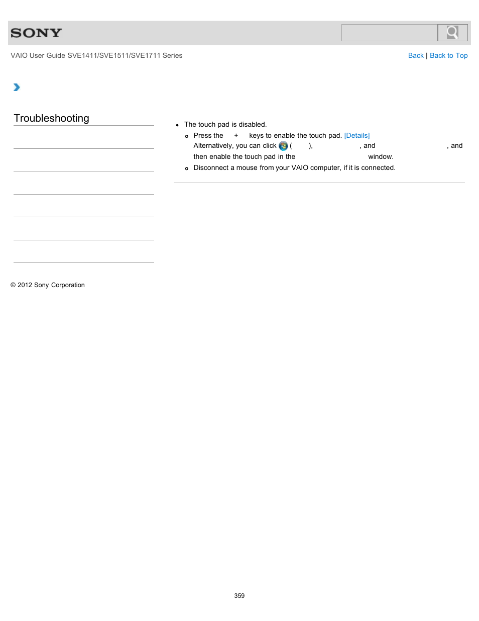 Why can’t i use the touch pad, Details, Troubleshooting | Sony SVE141190X User Manual | Page 359 / 367