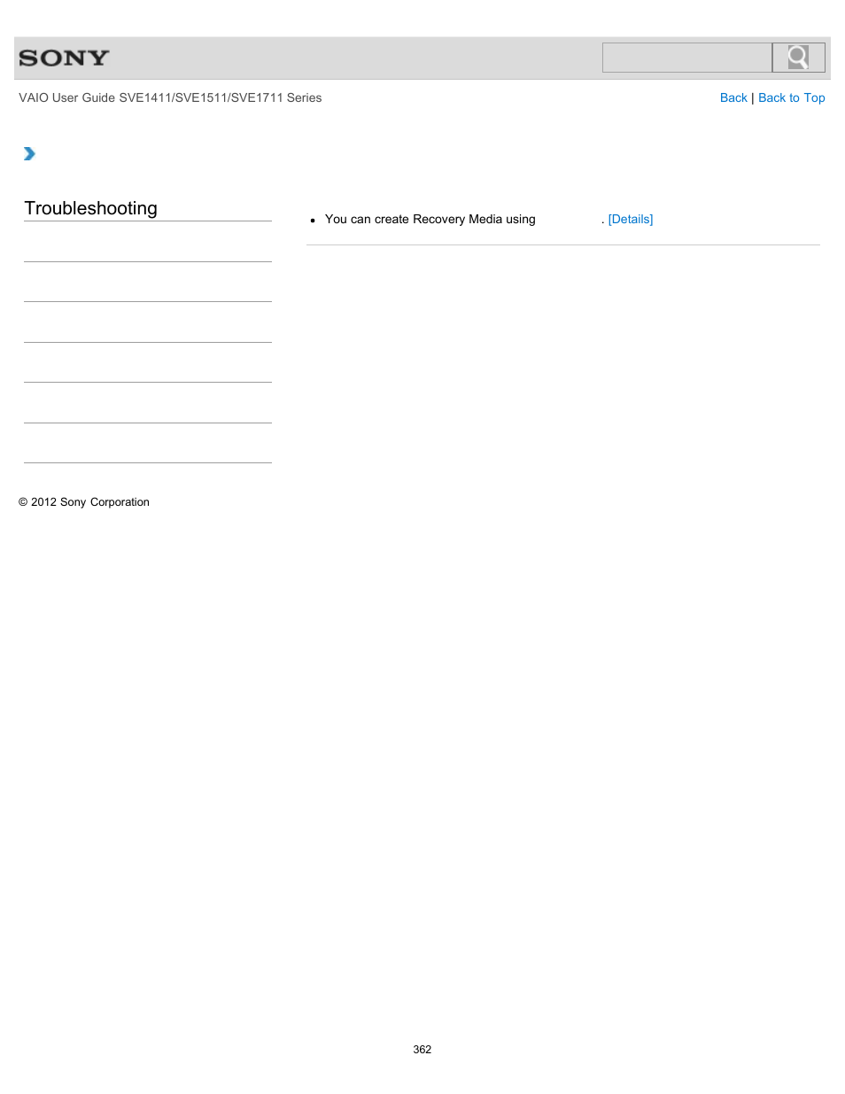How do i create recovery media, Troubleshooting | Sony SVE141190X User Manual | Page 362 / 367